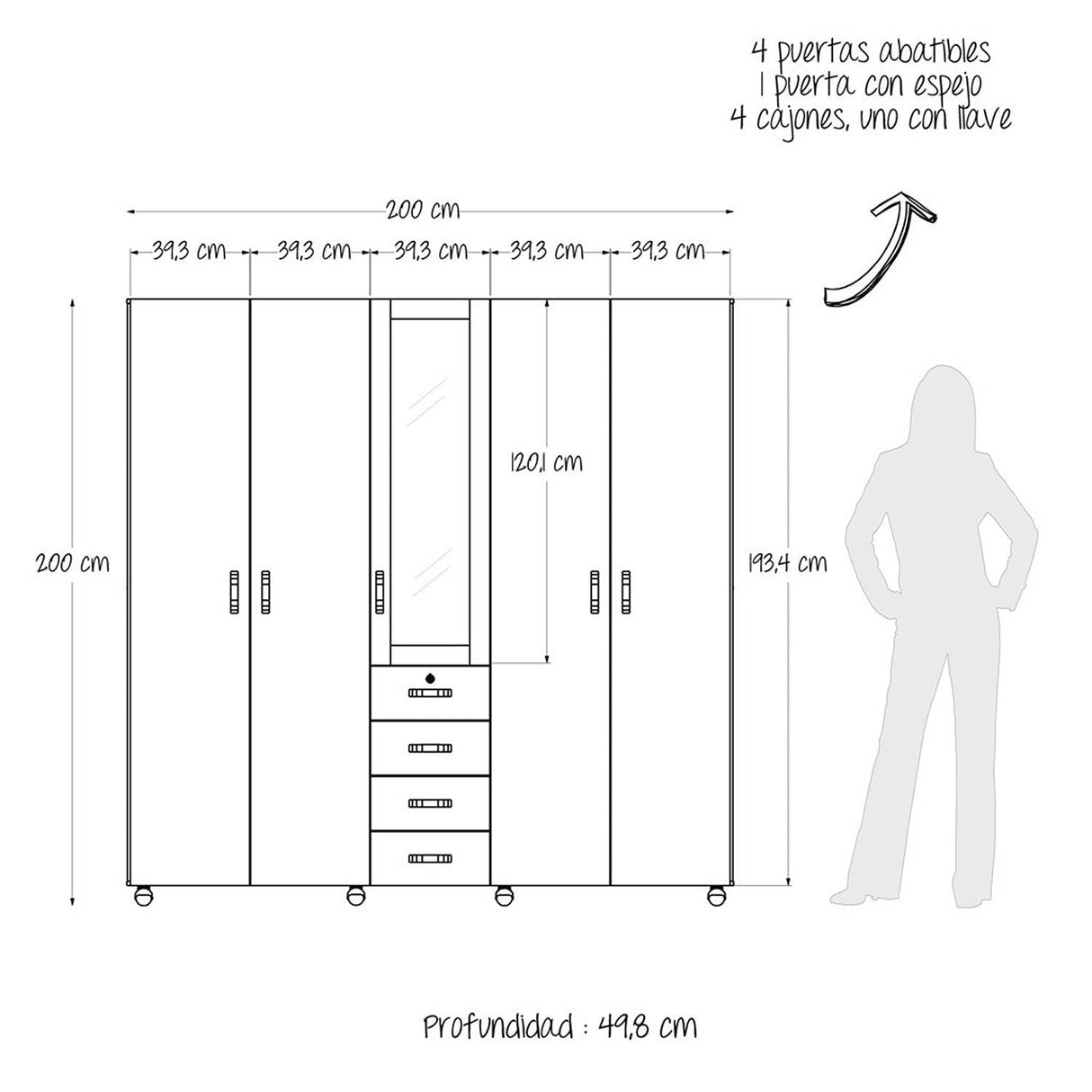 Closet Atlas Caramelo 200x200cm con Cuatro Cajones Cuatro Puertas y con Espejo - Closets | Bylmo