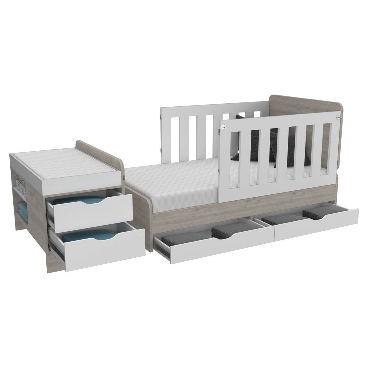 Cama Corral Rosario Blanco y Ceniza 106x99.45cm para Colchón Sencillo sin Colchón y con Cabecero - Camas | Bylmo