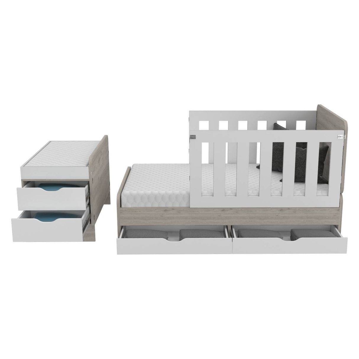 Cama Corral Rosario Blanco y Ceniza 106x99.45cm para Colchón Sencillo sin Colchón y con Cabecero - Camas | Bylmo