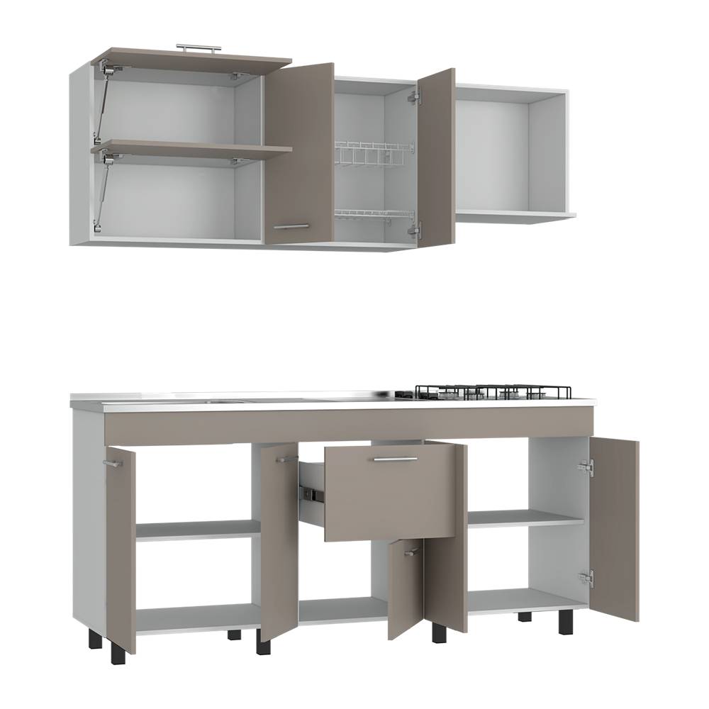 Cocina Sakai Taupe y Blanco 180 cm Izquierda con Mesón - Cocinas | Bylmo