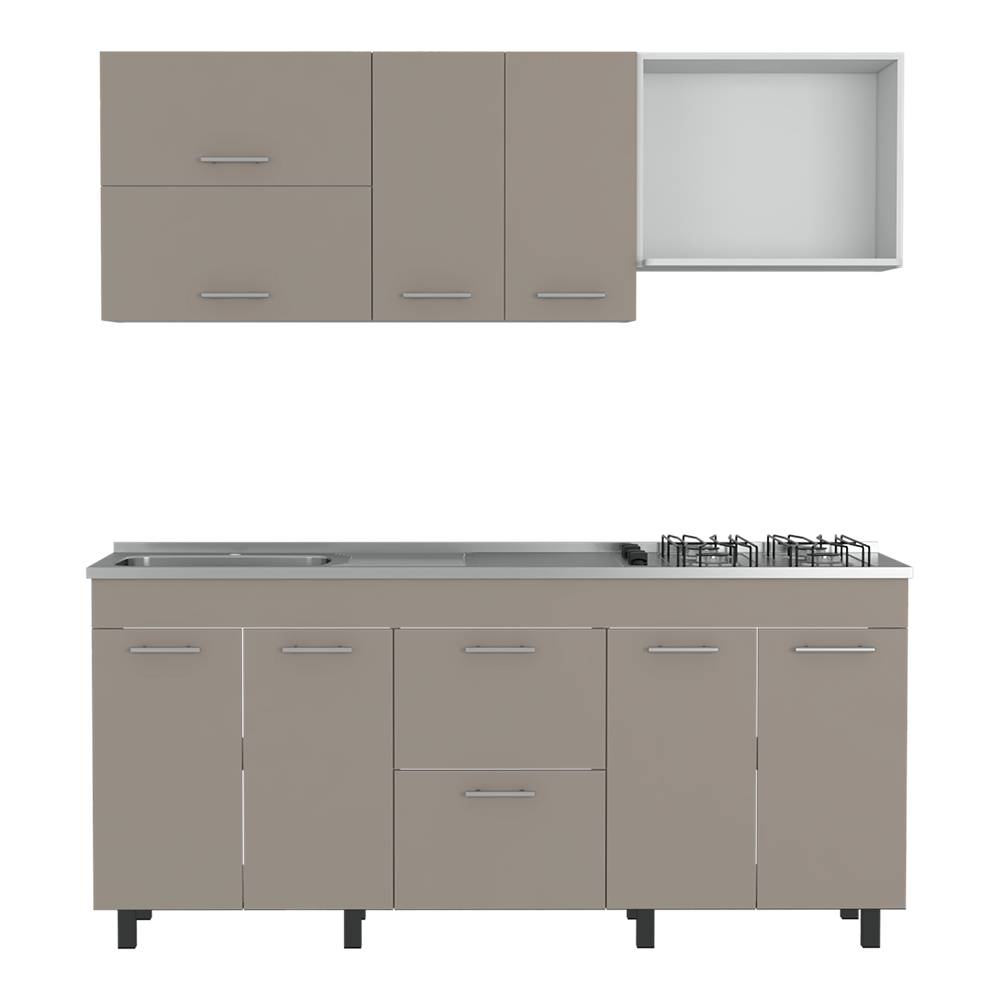 Cocina Sakai Taupe y Blanco 180 cm Izquierda con Mesón - Cocinas | Bylmo