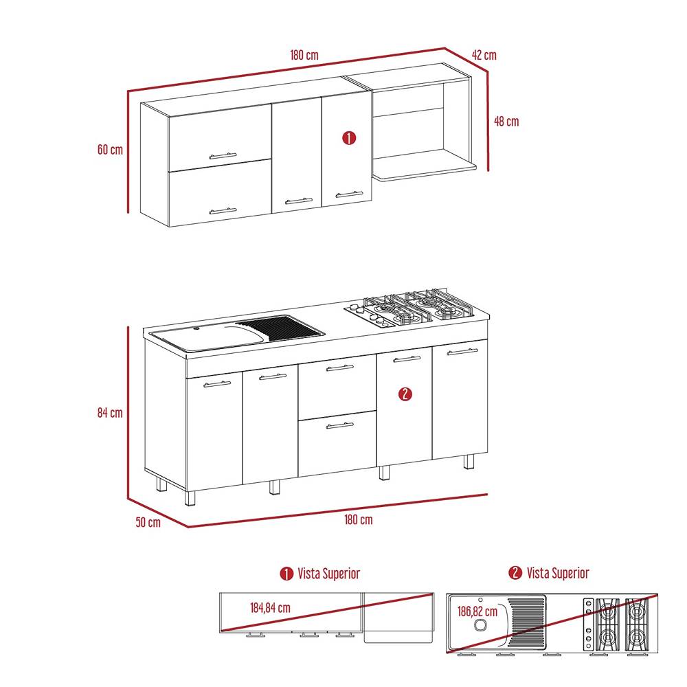 Cocina Sakai Taupe y Blanco 180 cm Izquierda con Mesón - Cocinas | Bylmo
