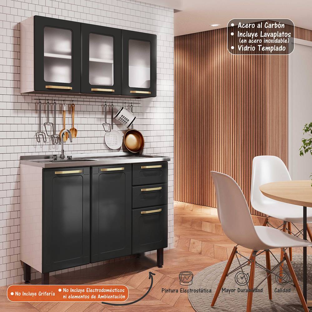 Cocina Integral Negro 105x52,5cm con Meson de Acero Al Carbon y con Pozuelo para lado Izquierda - Cocinas | Bylmo