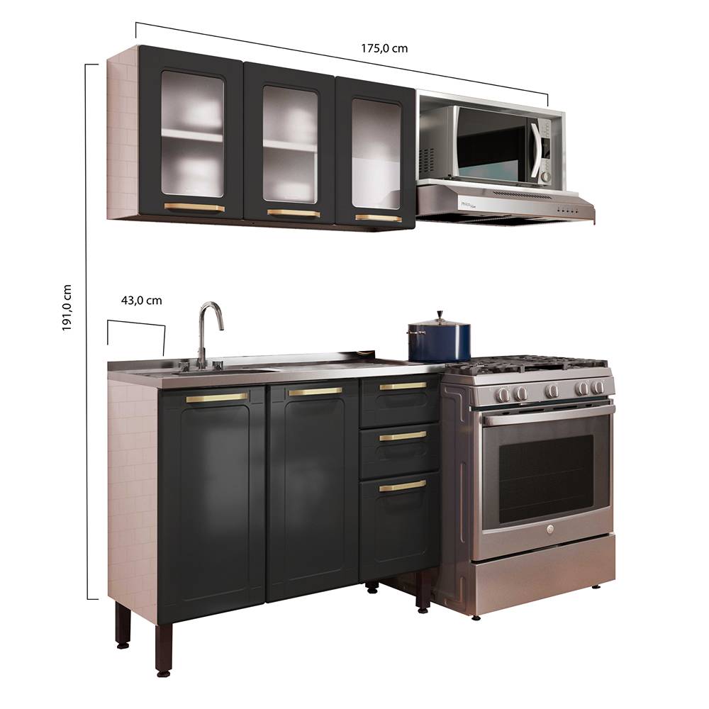 Cocina Integral Negro 165x52,5cm con Meson de Acero Al Carbon y con Pozuelo para lado Izquierda - Cocinas | Bylmo