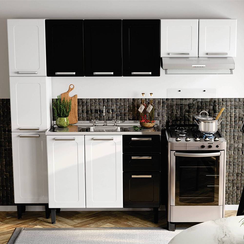 Cocina Caribe Blanco y Negro 105x52,5cm con Meson de Acero Inoxidable y con Pozuelo para lado Izquierda - Cocinas | Bylmo