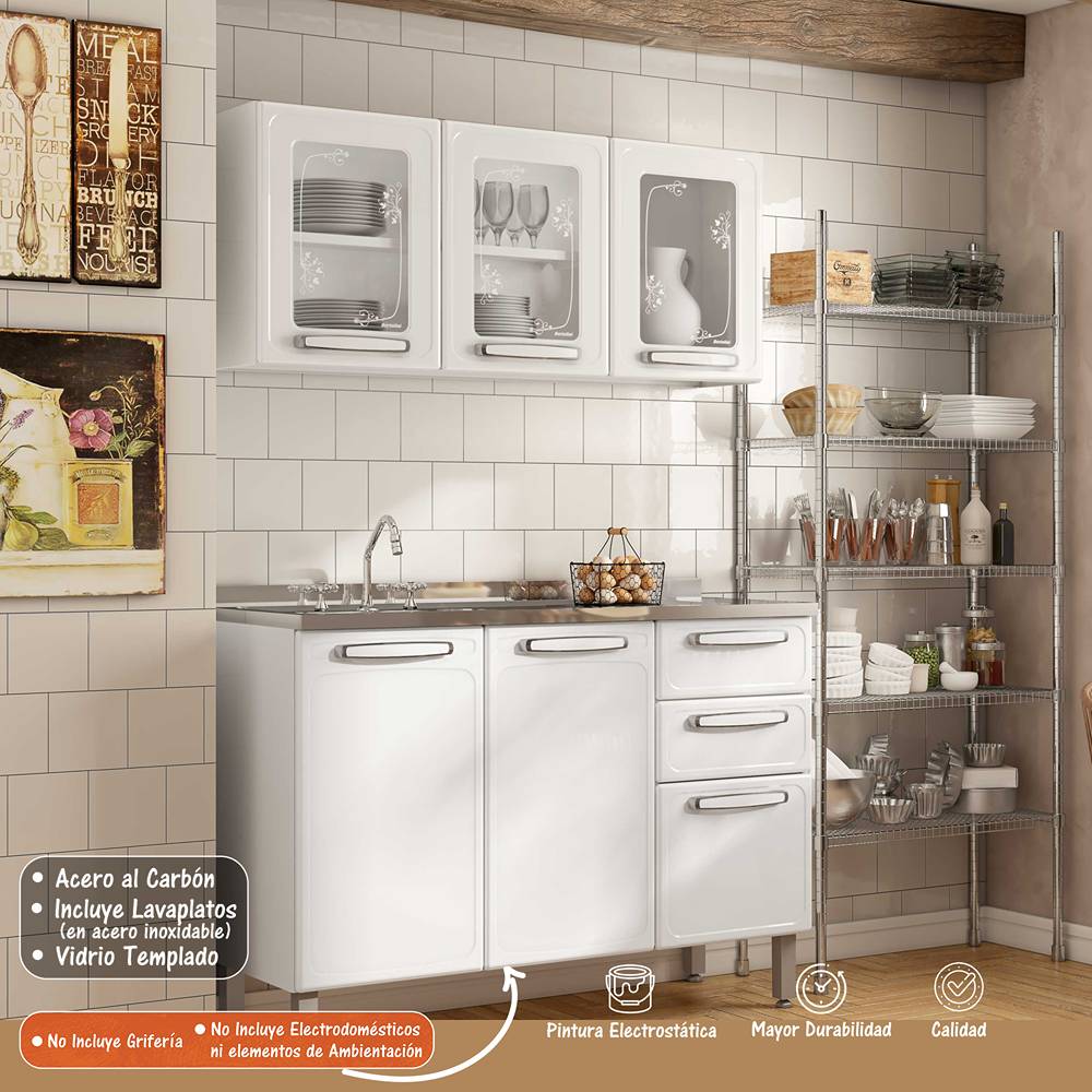 Cocina Integral Evidence Blanco 105x52,5cm con Meson de Acero Al Carbon y con Pozuelo para lado Izquierda - Cocinas | Bylmo