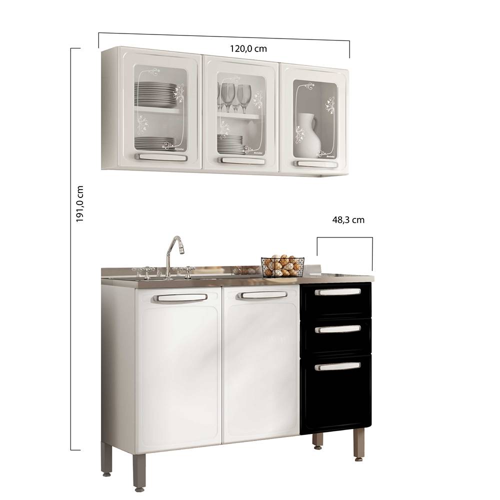 Cocina Integral Evidence Blanco y Negro 120x192cm con Mesón de Acero Al Carbon Lado Izquierdo y sin Estufa - Cocinas | Bylmo