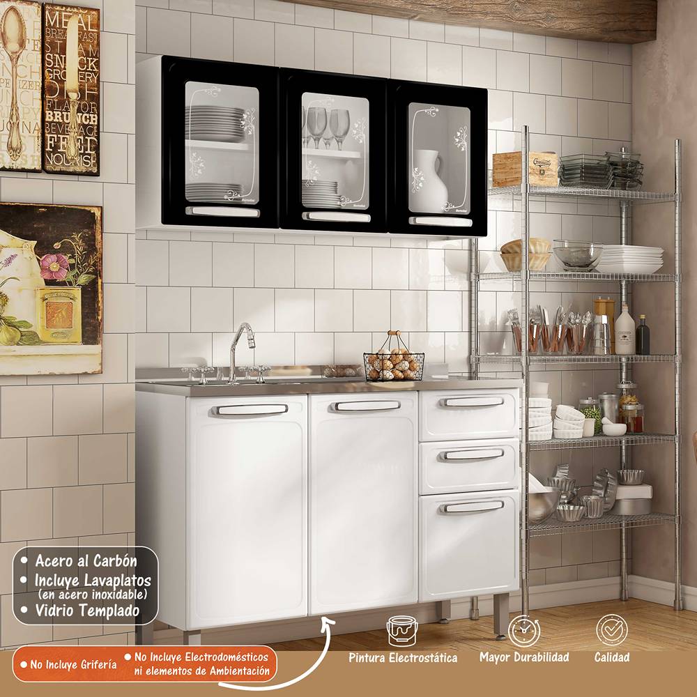 Cocina Evidence Negro y Blanco 105x52,5cm con Meson de Acero Inoxidable y con Pozuelo para lado Izquierda - Cocinas | Bylmo