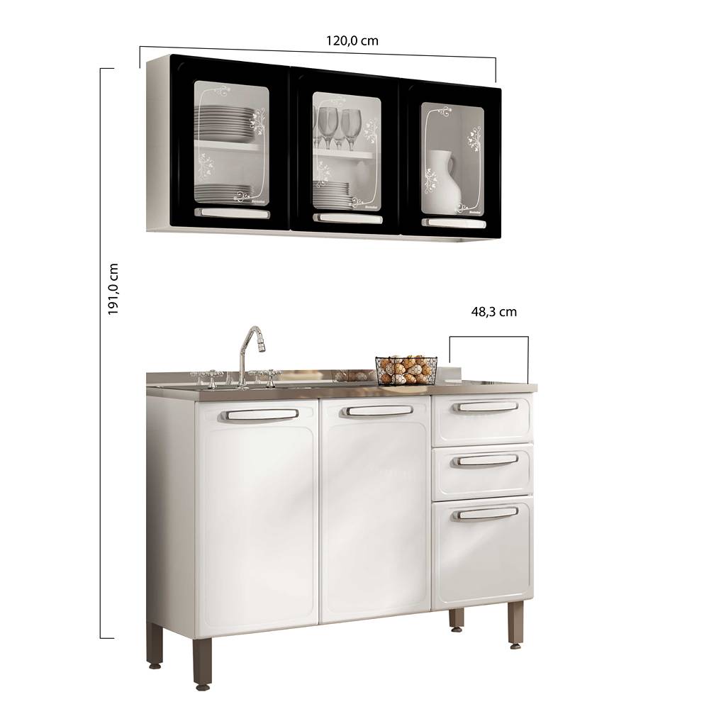 Cocina Evidence Negro y Blanco 105x52,5cm con Meson de Acero Inoxidable y con Pozuelo para lado Izquierda - Cocinas | Bylmo