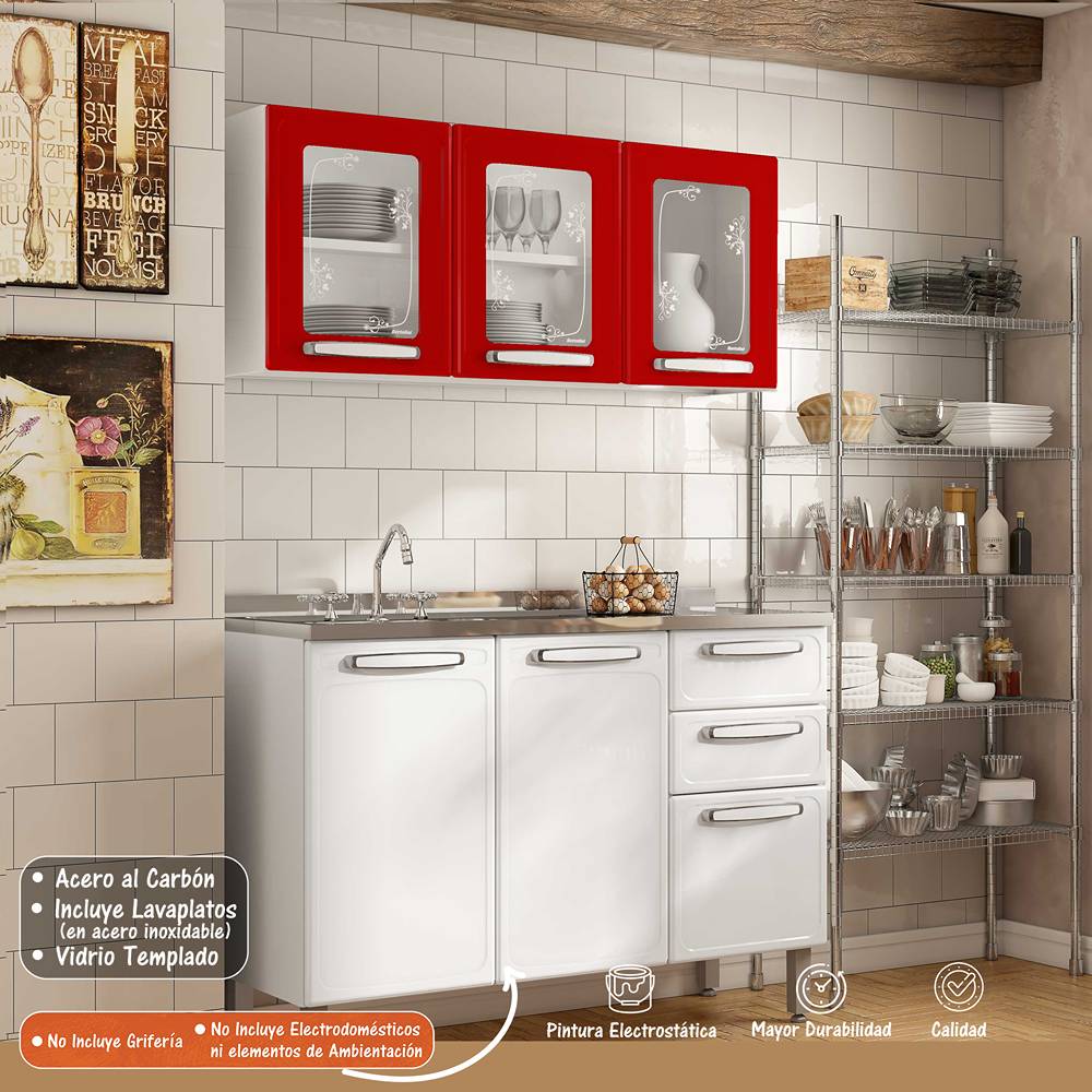 Cocina Evidence Rojo y Blanco 105x52,5cm con Meson de Acero Inoxidable y con Pozuelo para lado Izquierda - Cocinas | Bylmo