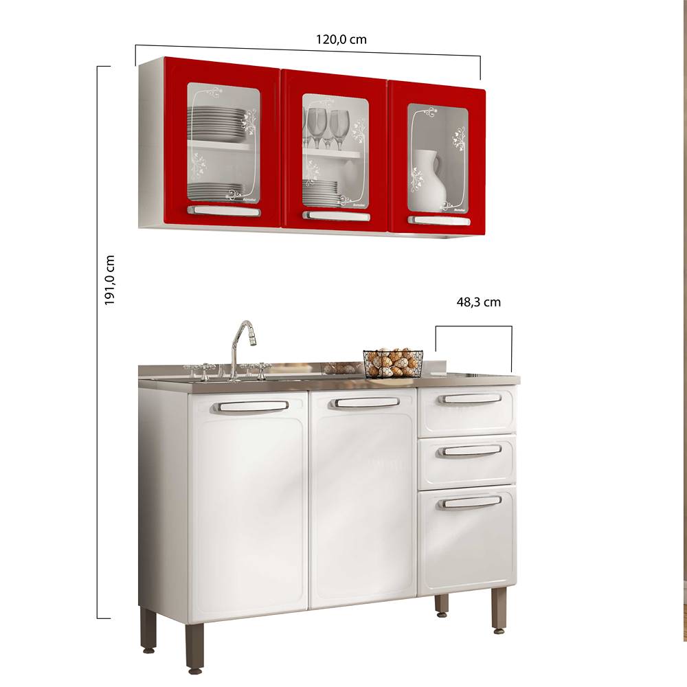 Cocina Evidence Rojo y Blanco 105x52,5cm con Meson de Acero Inoxidable y con Pozuelo para lado Izquierda - Cocinas | Bylmo