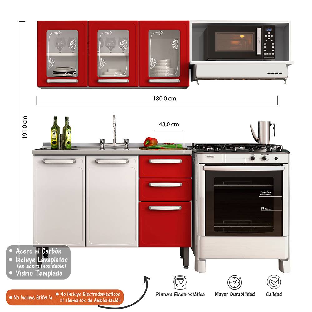 Cocina Integral Evidence Rojo y Blanco 220 cm con Mesón - Cocinas | Bylmo