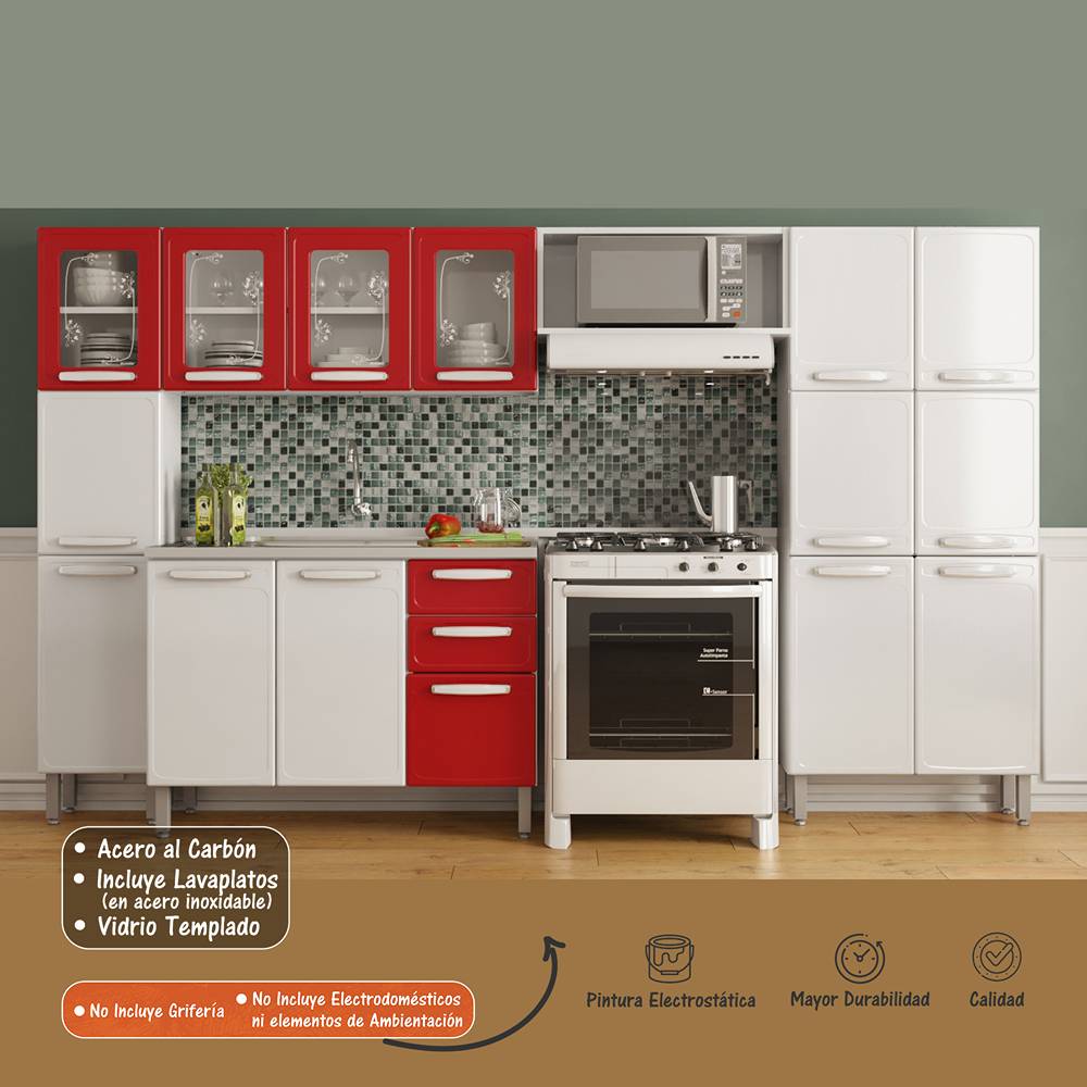 Cocina Integral Evidence Blanco y Rojo 300 cm con Mesón - Cocinas | Bylmo