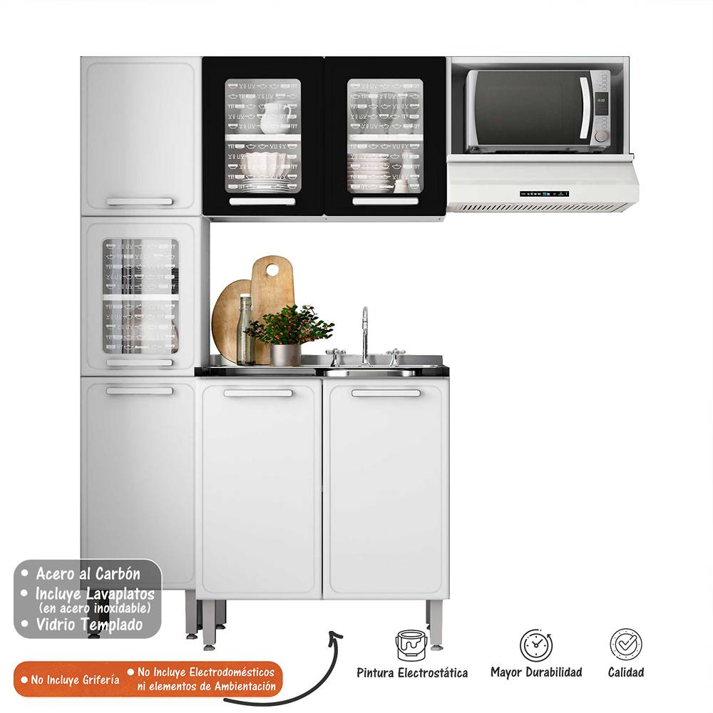 Cocina Integral Gourmet Blanco y Negro 180 cm Derecha con Mesón - Cocinas | Bylmo