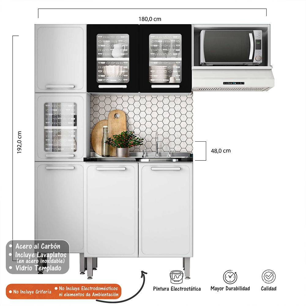 Cocina Integral Gourmet Blanco y Negro 180 cm Derecha con Mesón - Cocinas | Bylmo