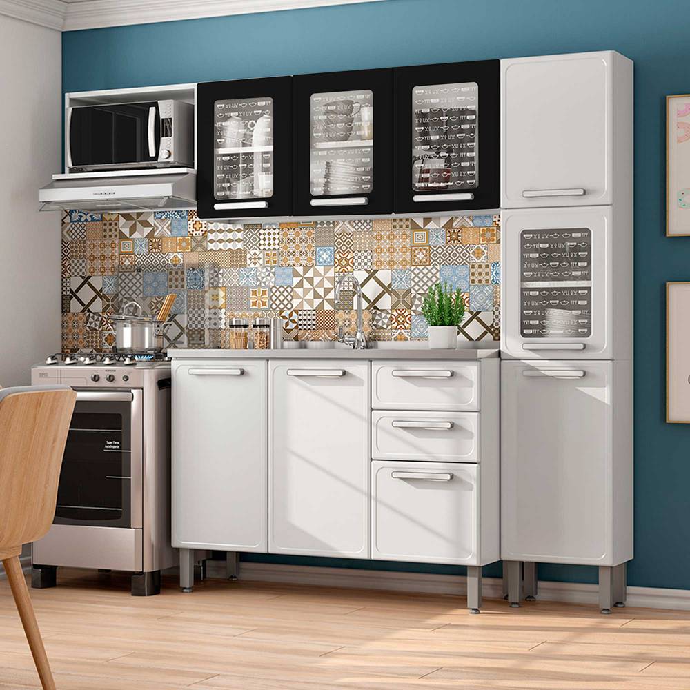 Cocina Integral Gourmet Blanco y Negro 220 cm con Mesón - Cocinas | Bylmo