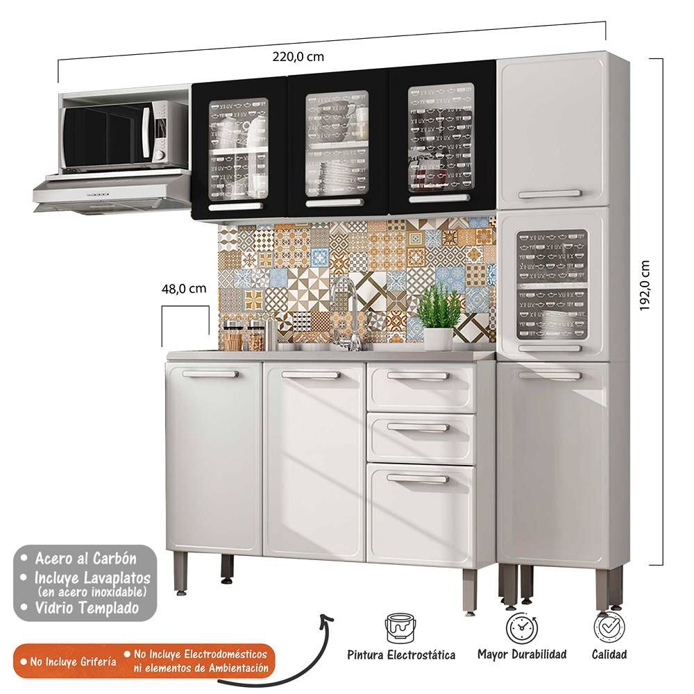 Cocina Integral Gourmet Blanco y Negro 220 cm con Mesón - Cocinas | Bylmo