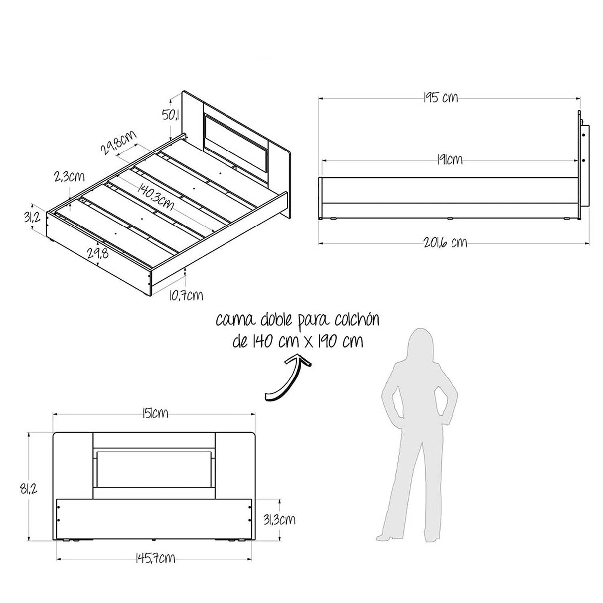 Combo Cama y Mesas de Noche Caramelo 151x82cm para Colchón Doble 140 X 190 Cm con Cabecero - Camas | Bylmo