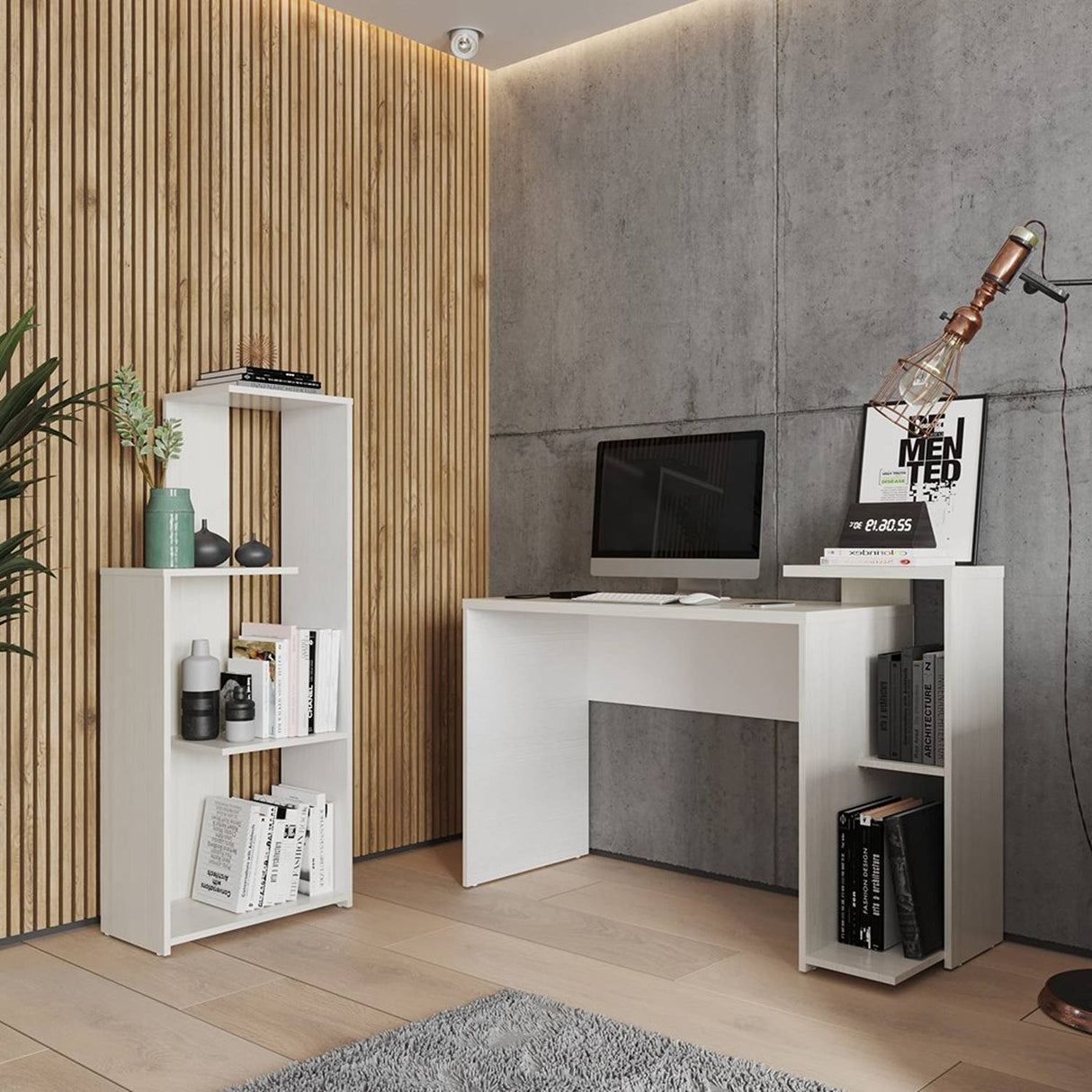 Combo Escritorio y Biblioteca Z Niebla 121x82cm sin Cajones y con Organizador de Libros - Escritorios y Archivadores | Bylmo