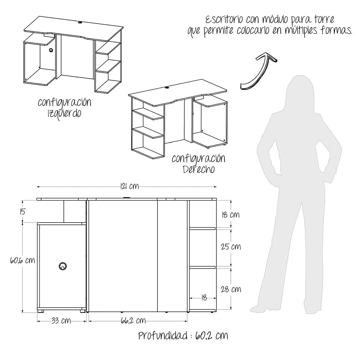 Escritorio Gamer Trinity Wengue y Blanco 120 cm Transformable - Escritorios y Archivadores | Bylmo