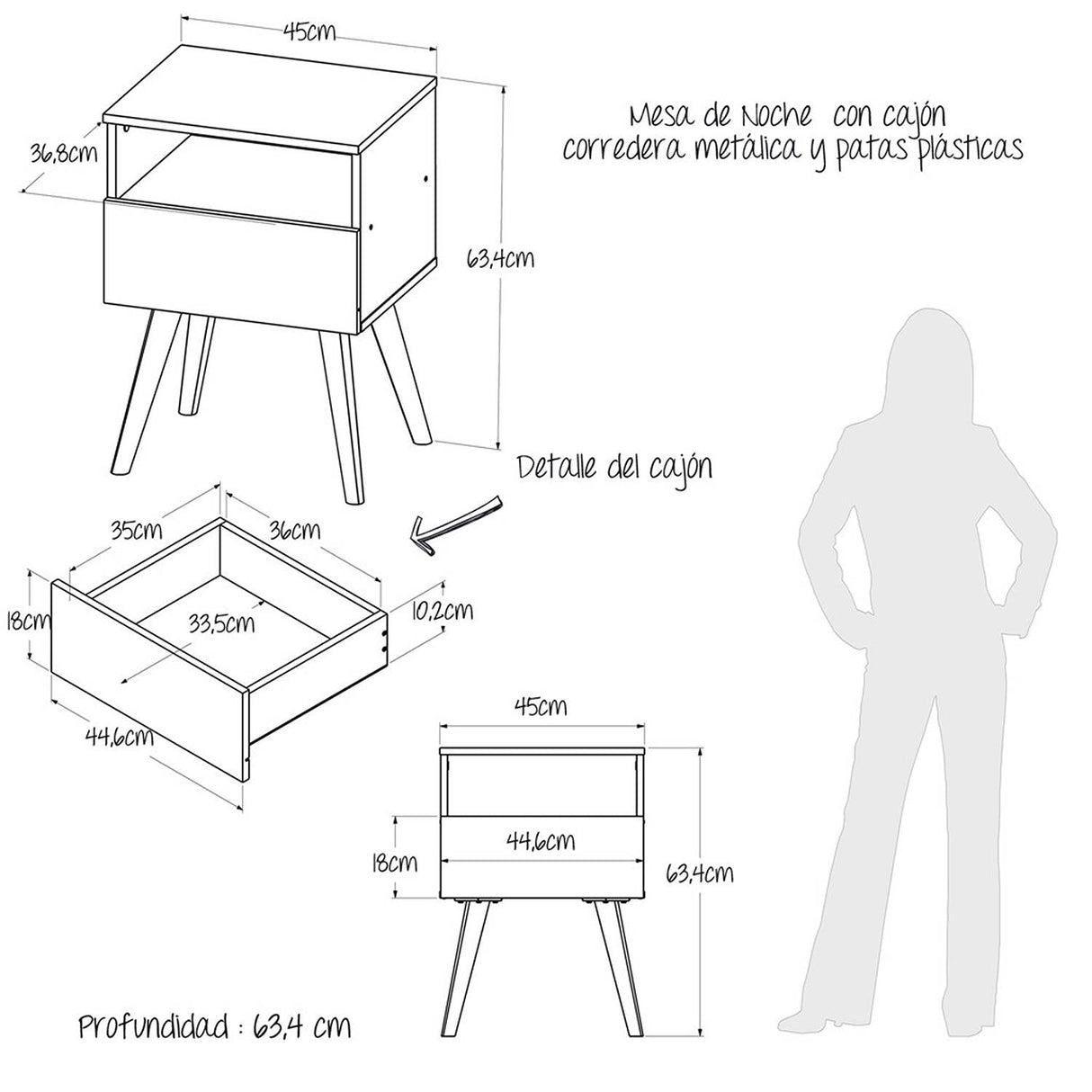 Mesa de Noche York Rovere 45x63.4cm con Un Cajón y con Un Compartimiento - Mesas de Noche | Bylmo
