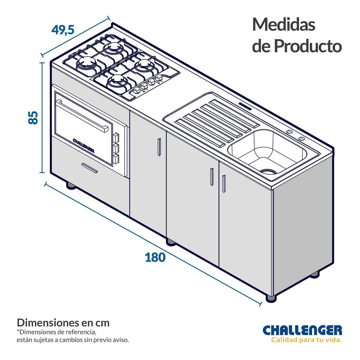 Mueble Inferior con Tres Puertas y Un Cajón Saur Dark 180 cm sin Mesón - Cocinas | Bylmo
