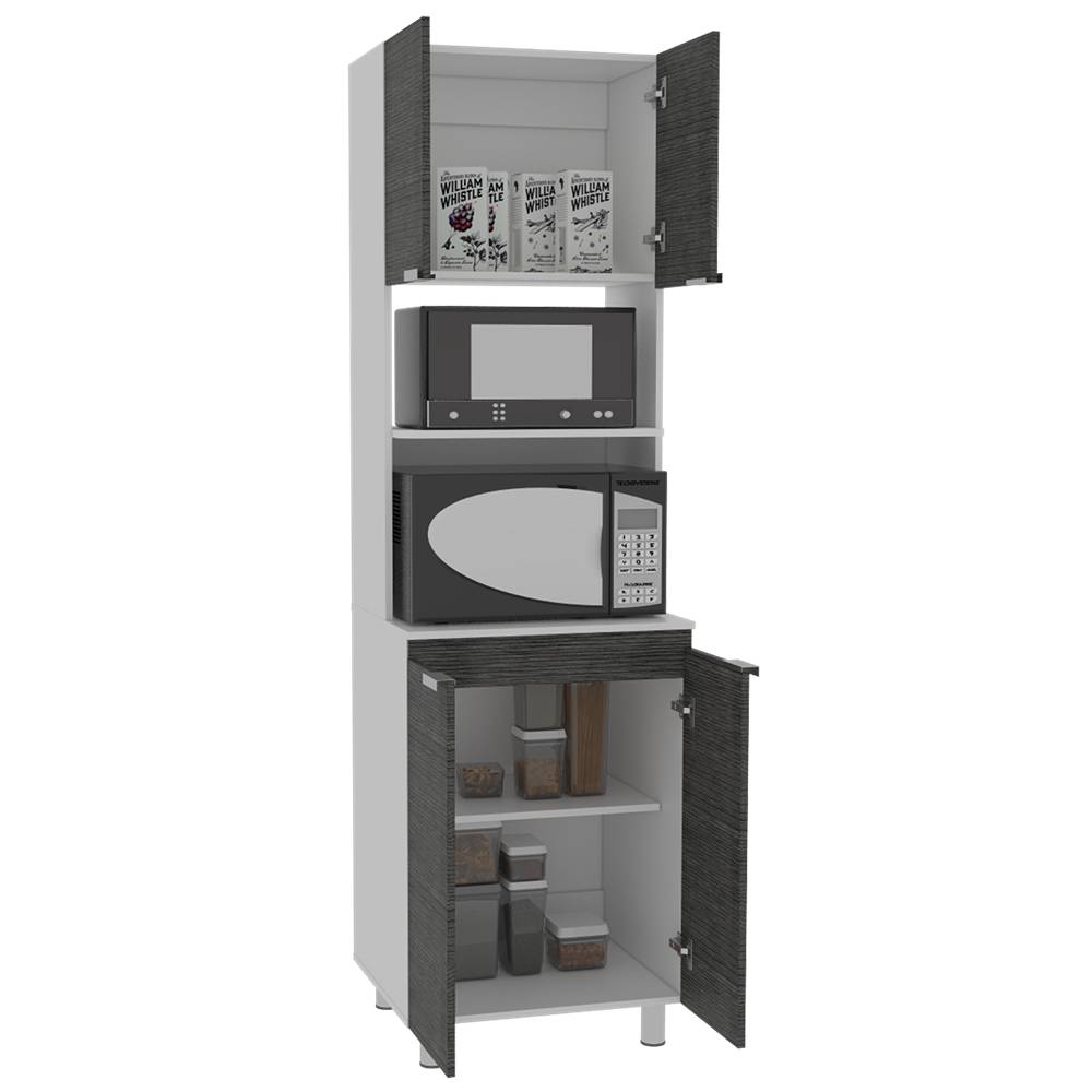 Mueble Microondas Fendi Blanco y Roble Gris 60x205cm sin Cajones y con Cuatro Puertas - Muebles Organizadores | Bylmo