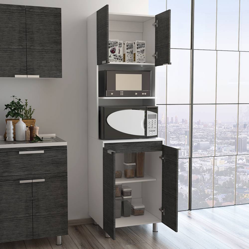 Mueble Microondas Fendi Blanco y Roble Gris 60x205cm sin Cajones y con Cuatro Puertas - Muebles Organizadores | Bylmo