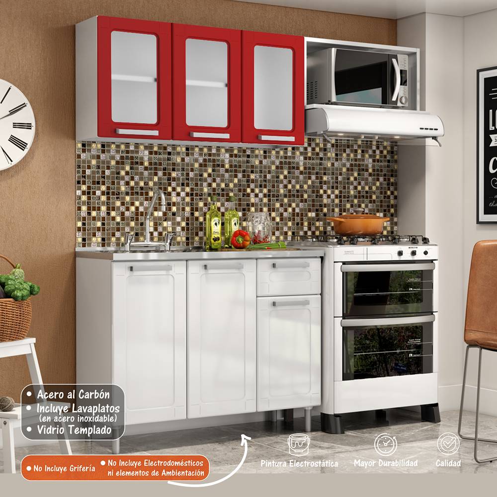 Cocina Integral Multipla Blanco y Rojo 165 cm Izquierda con Mesón - Cocinas | Bylmo