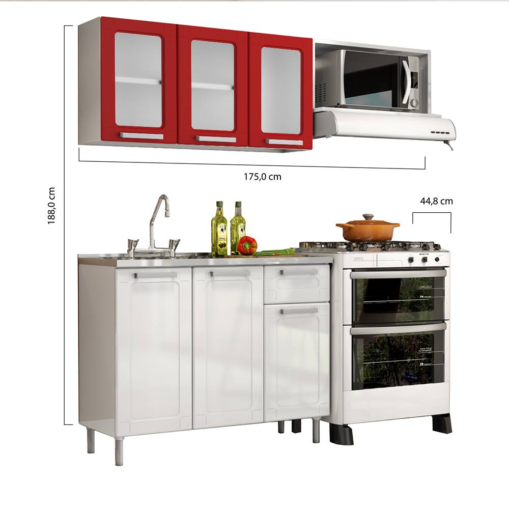 Cocina Integral Multipla Blanco y Rojo 165 cm Izquierda con Mesón - Cocinas | Bylmo