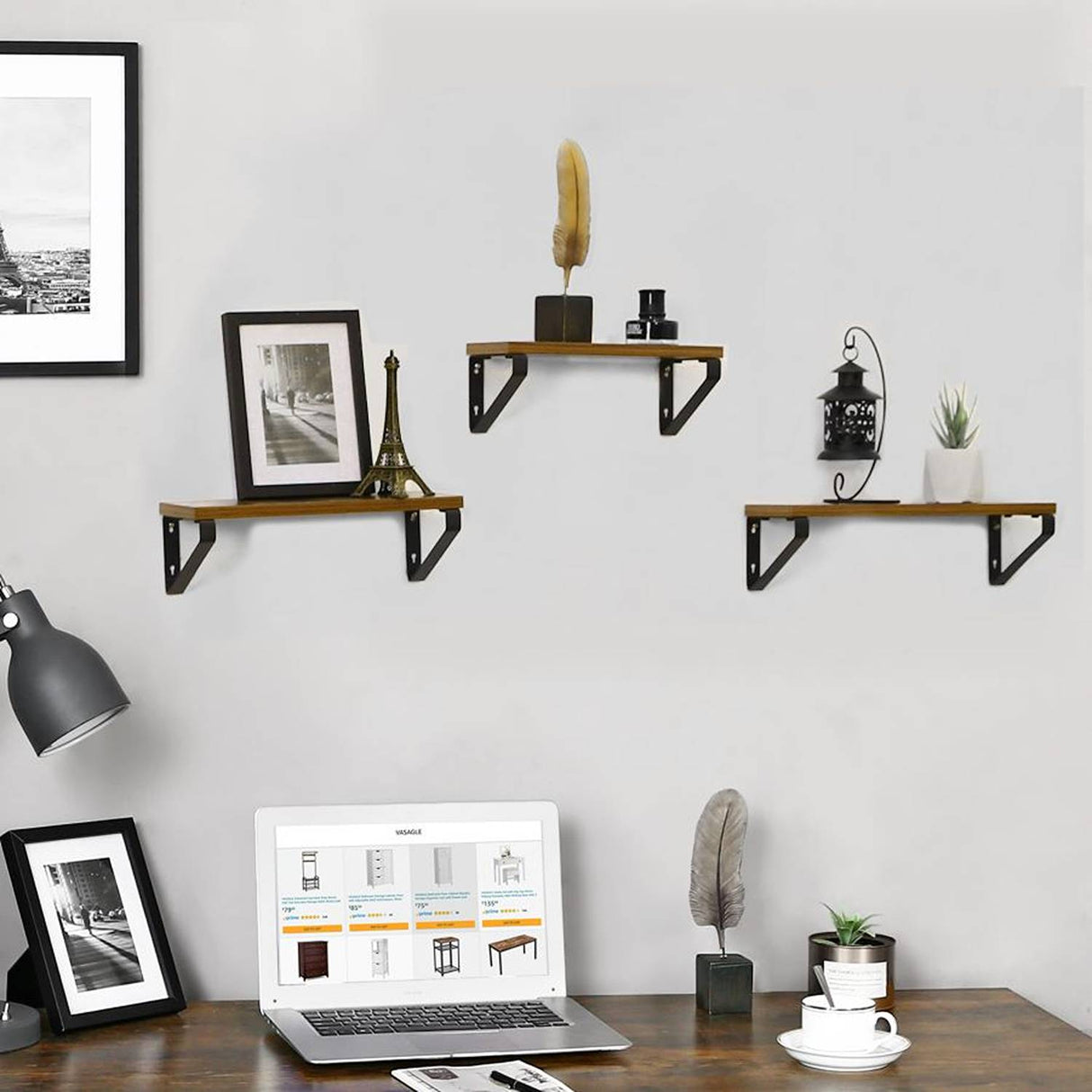 Set de 3 Repisas Cafe y Rustico 40x12cm Rectangular Flotante con Tres Entrepaños - Repisas y Percheros | Bylmo