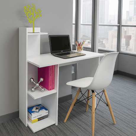 Combo Escritorio y Silla King Blanco 120x120cm sin Cajones y con Organizador de Libros - Escritorios y Archivadores | Bylmo