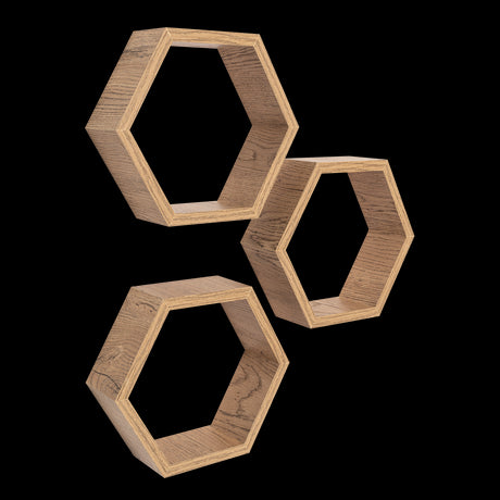 Set de 3 Repisas Hades Beige Claro 25x8cm Hexagonal con Tres Entrepaños - REPISAS | Bylmo