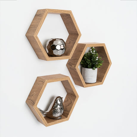 Set de 3 Repisas Hades Beige Claro 25x8cm Hexagonal con Tres Entrepaños - REPISAS | Bylmo
