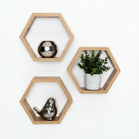 Set de 3 Repisas Hades Beige Claro 25x8cm Hexagonal con Tres Entrepaños - REPISAS | Bylmo