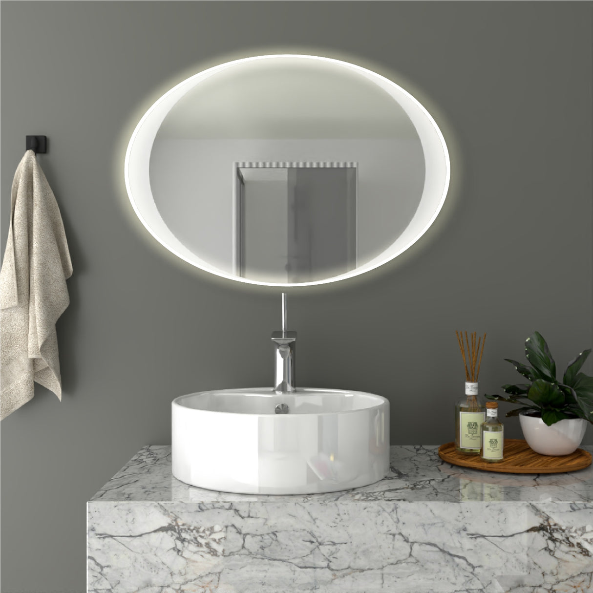 Espejo de Baño Varese Gris 70x50cm Ovalado con Sandblasting y con Iluminación Led - ESPEJOS DE BANHO | Bylmo