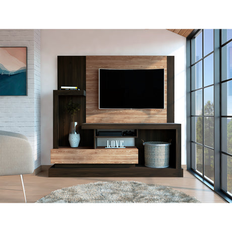 Centro de Entretenimiento Alcaceres Habano y Miel 180x172.2cm para TV Hasta 55 Pulgadas con Ranuras para Cables y con Tres Compartimientos - Muebles para TV | Bylmo