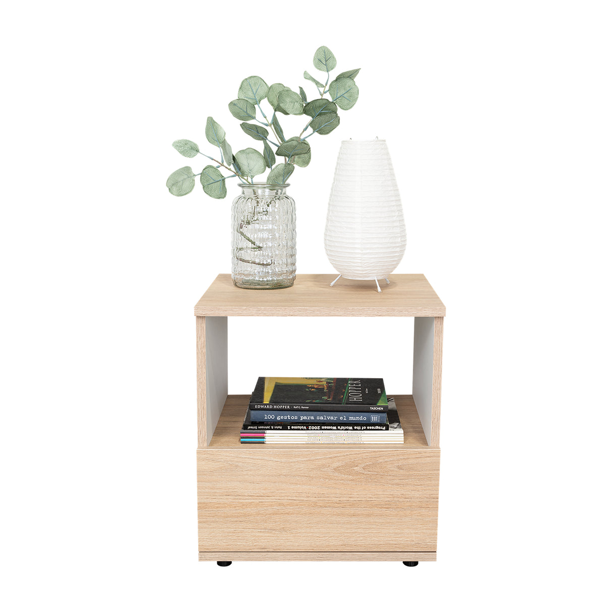 Mesa de Noche Camel Rovere y Blanco 40x45cm con Un Cajón y con Un Compartimiento - Mesas de Noche | Bylmo