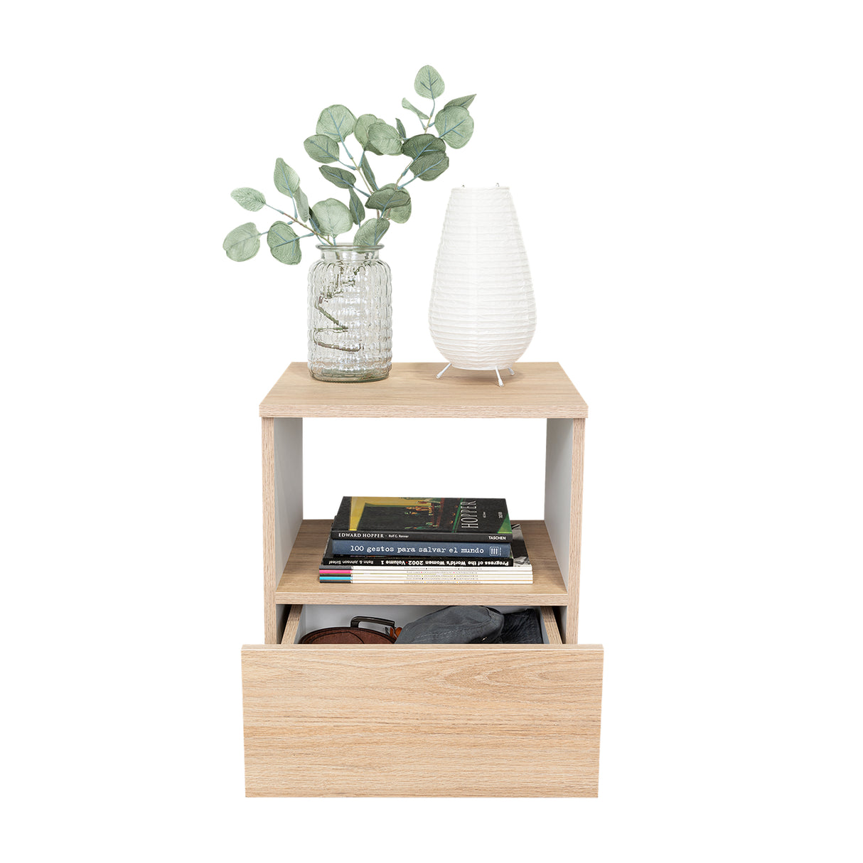 Mesa de Noche Camel Rovere y Blanco 40x45cm con Un Cajón y con Un Compartimiento - Mesas de Noche | Bylmo