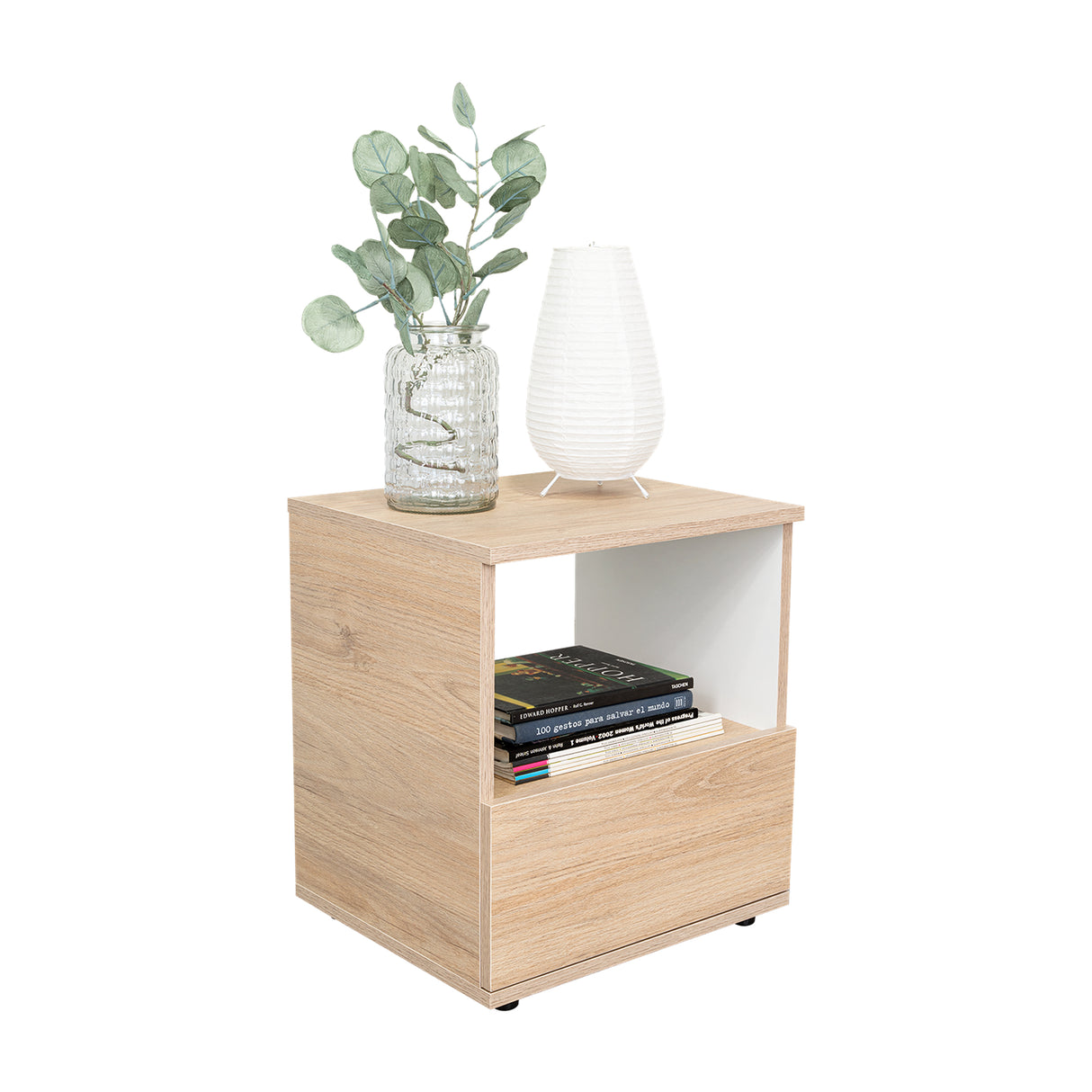 Mesa de Noche Camel Rovere y Blanco 40x45cm con Un Cajón y con Un Compartimiento - Mesas de Noche | Bylmo
