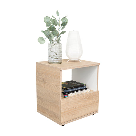 Mesa de Noche Camel Rovere y Blanco 40x45cm con Un Cajón y con Un Compartimiento - Mesas de Noche | Bylmo