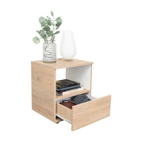 Mesa de Noche Camel Rovere y Blanco 40x45cm con Un Cajón y con Un Compartimiento - Mesas de Noche | Bylmo