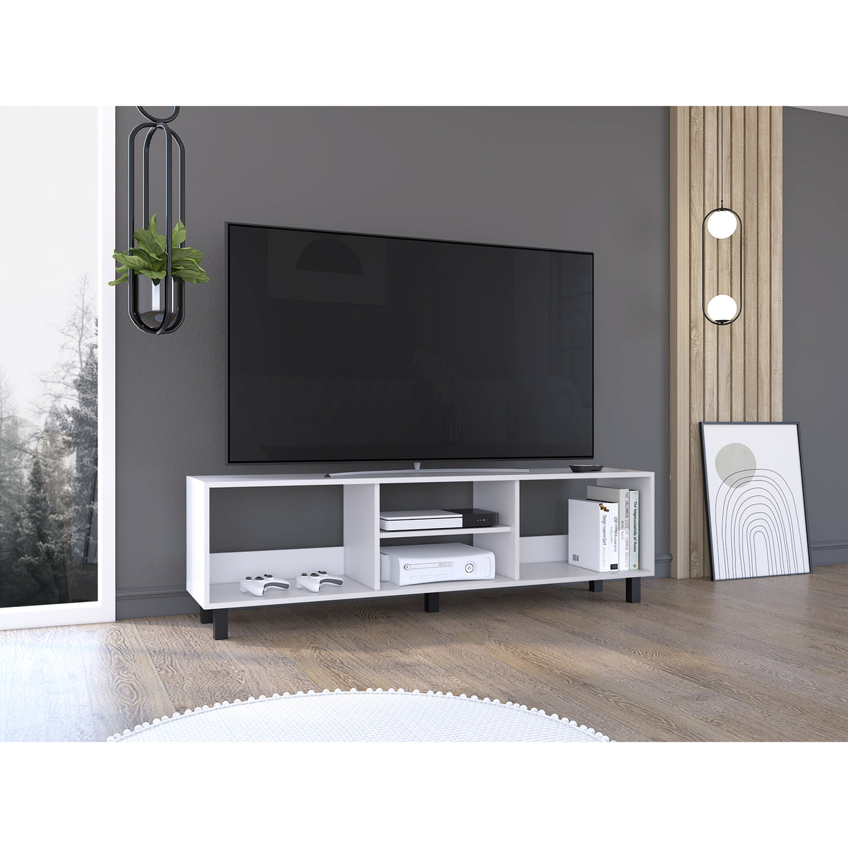 Rack de TV Tunez Blanco Marquez 160x47.5cm Para TV Hasta 70 Pulgadas sin Cajones y con Patas - Muebles para TV | Bylmo