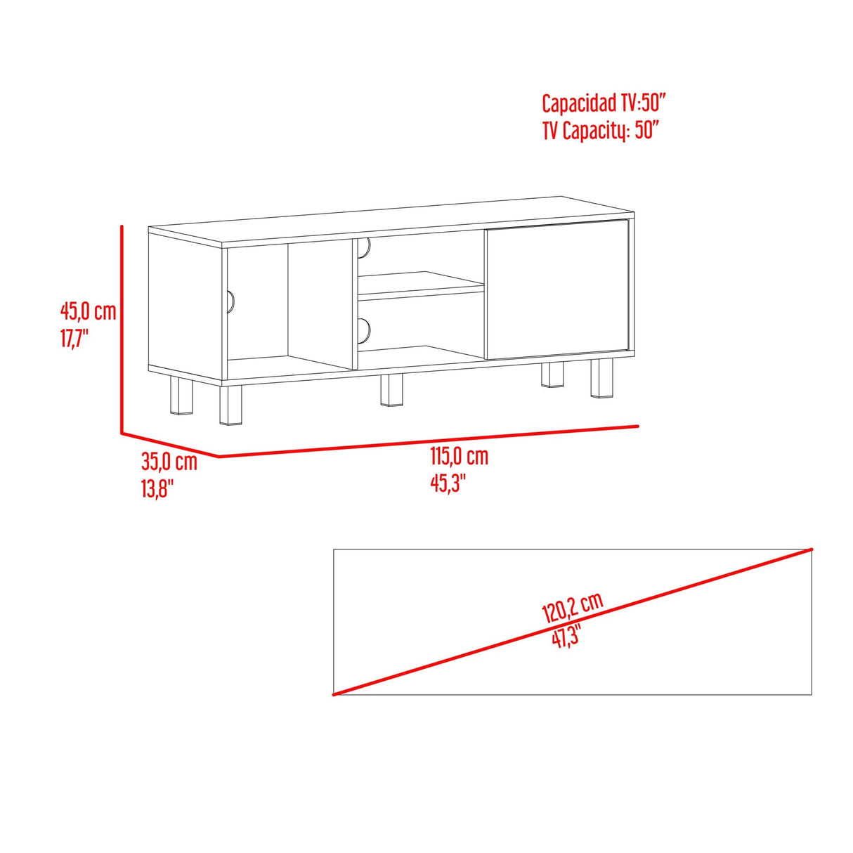 Rack de TV Soho Duna 115x45cm Para TV Hasta 50 Pulgadas con Un Cajón y con Ranuras para Cables y con Patas - Muebles de TV | Bylmo