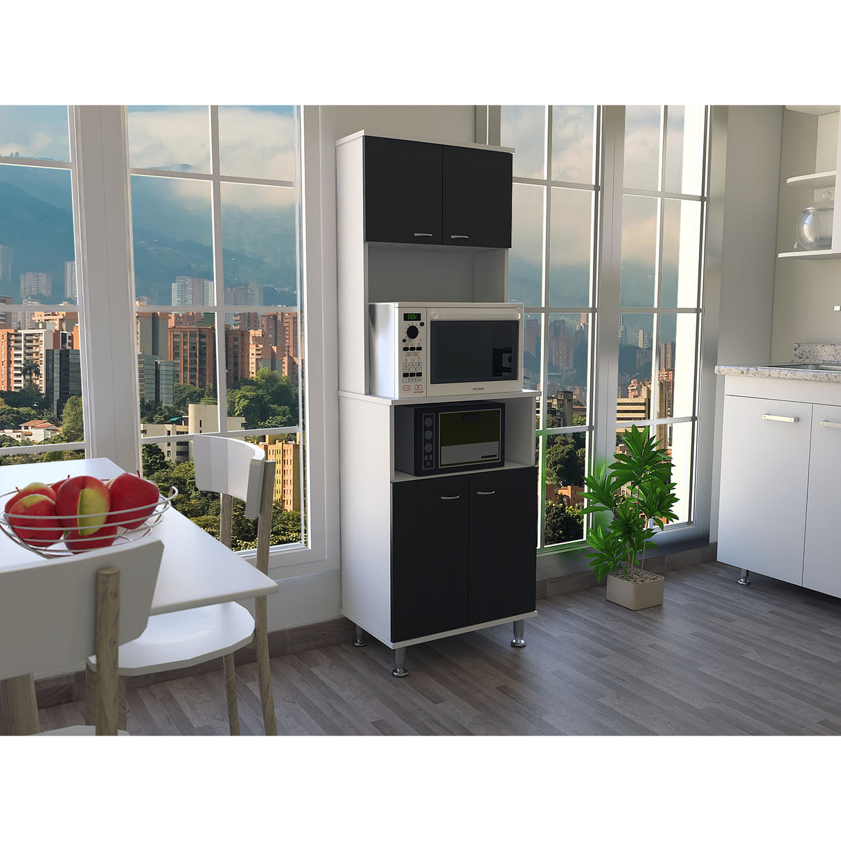 Alacena Fenix Blanco y Wengue 54x160cm sin Cajones y con Cuatro Puertas - Muebles Organizadores | Bylmo