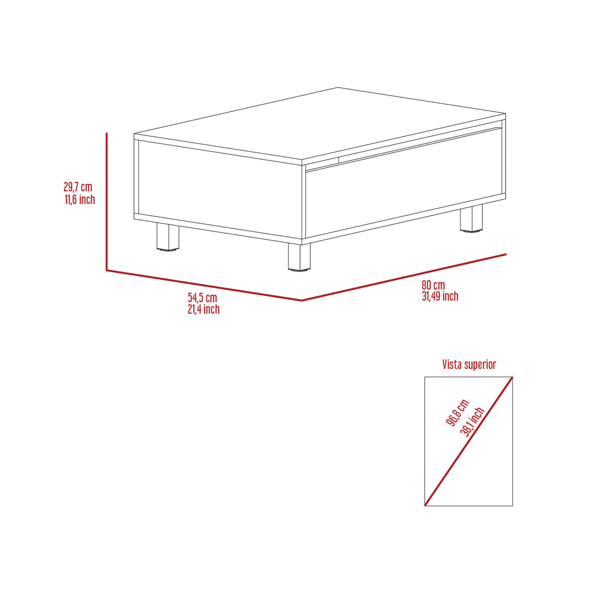 Mesa de Centro Coñac 80x29cm Rectangular Transformable Con Patas - Mesas | Bylmo