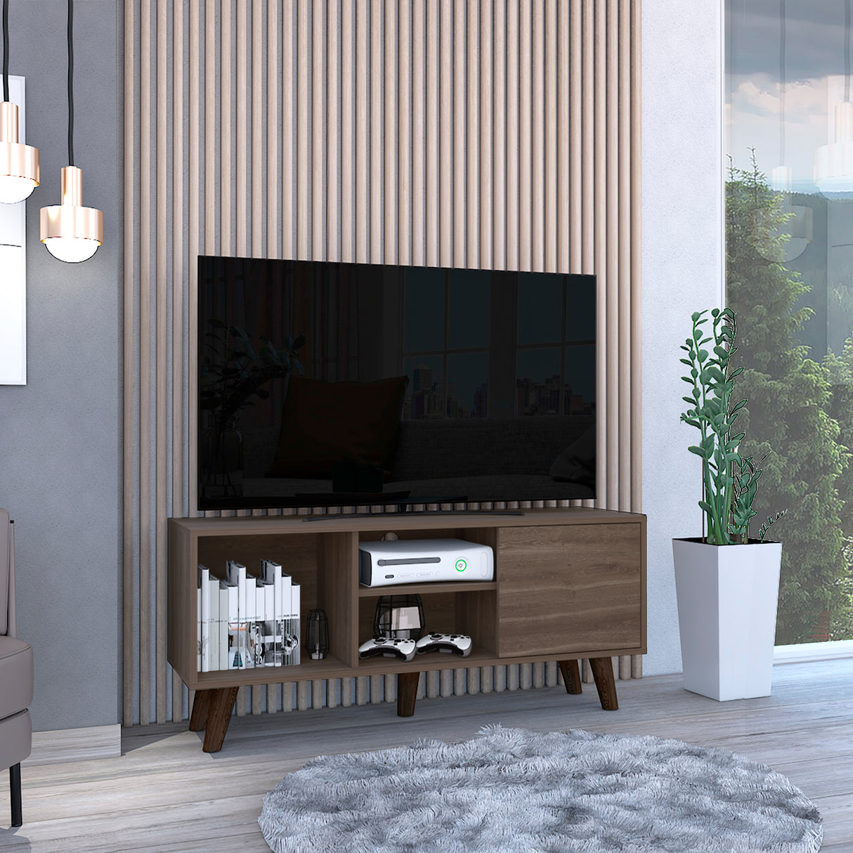 Rack de TV Cincinatti Coñac 115x50cm Para TV Hasta 45 Pulgadas con Un Cajón con Ranuras para Cables y con Patas - Muebles para TV | Bylmo