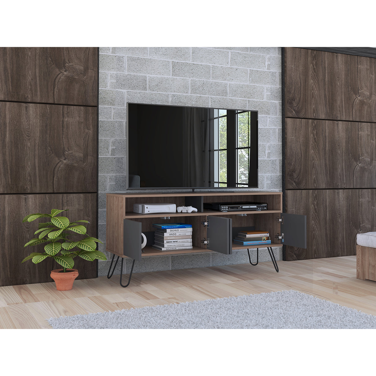 Rack de TV Vassel Miel 123x60cm para TV Hasta 55 Pulgadas y con Cuatro Compartimientos - Muebles para TV | Bylmo