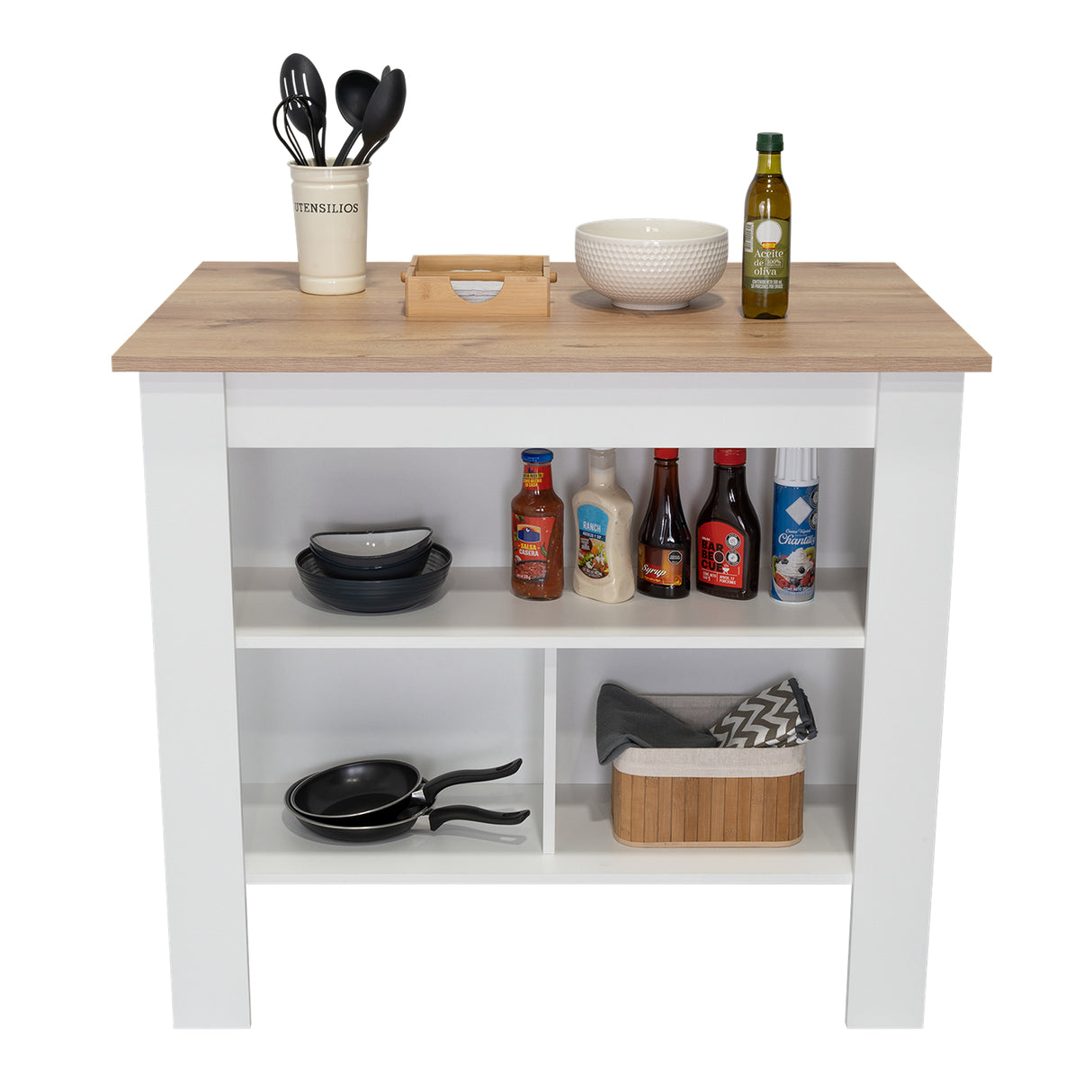 Mesa Auxiliar de Cocina Kitchen Duna y Blanco 103x90cm con Dos Entrepaños y con Tres Comportamientos - Muebles Organizadores | Bylmo