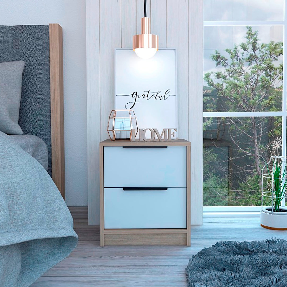 Mesa de Noche Kaia Rovere y Blanco 41x48cm con Dos Cajones - MESAS DE NOCHE | Bylmo